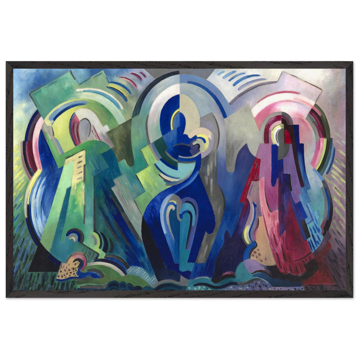 The Virgin of Éire by Mainie Jellett in a black frame, straight-on view of the Irish modernist painting