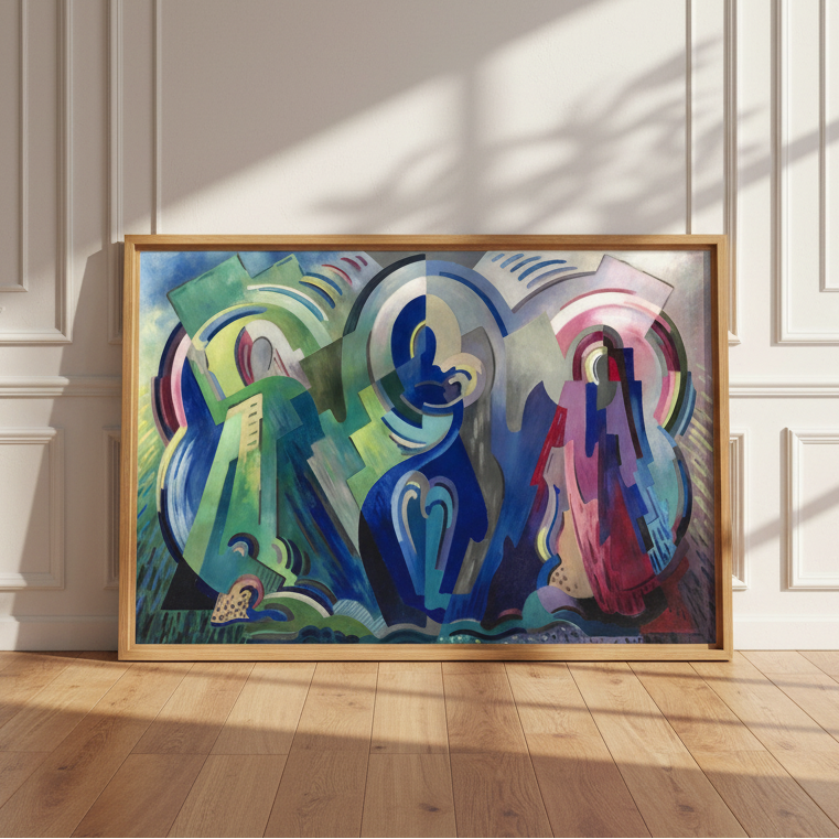 The Virgin of Éire by Mainie Jellett in a natural wood frame leaning against a sunlit wall on an oak floor