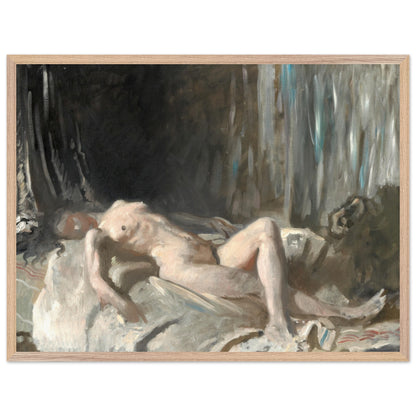 Reclining Female Figure by William Orpen in a natural oak frame, reclining nude painting