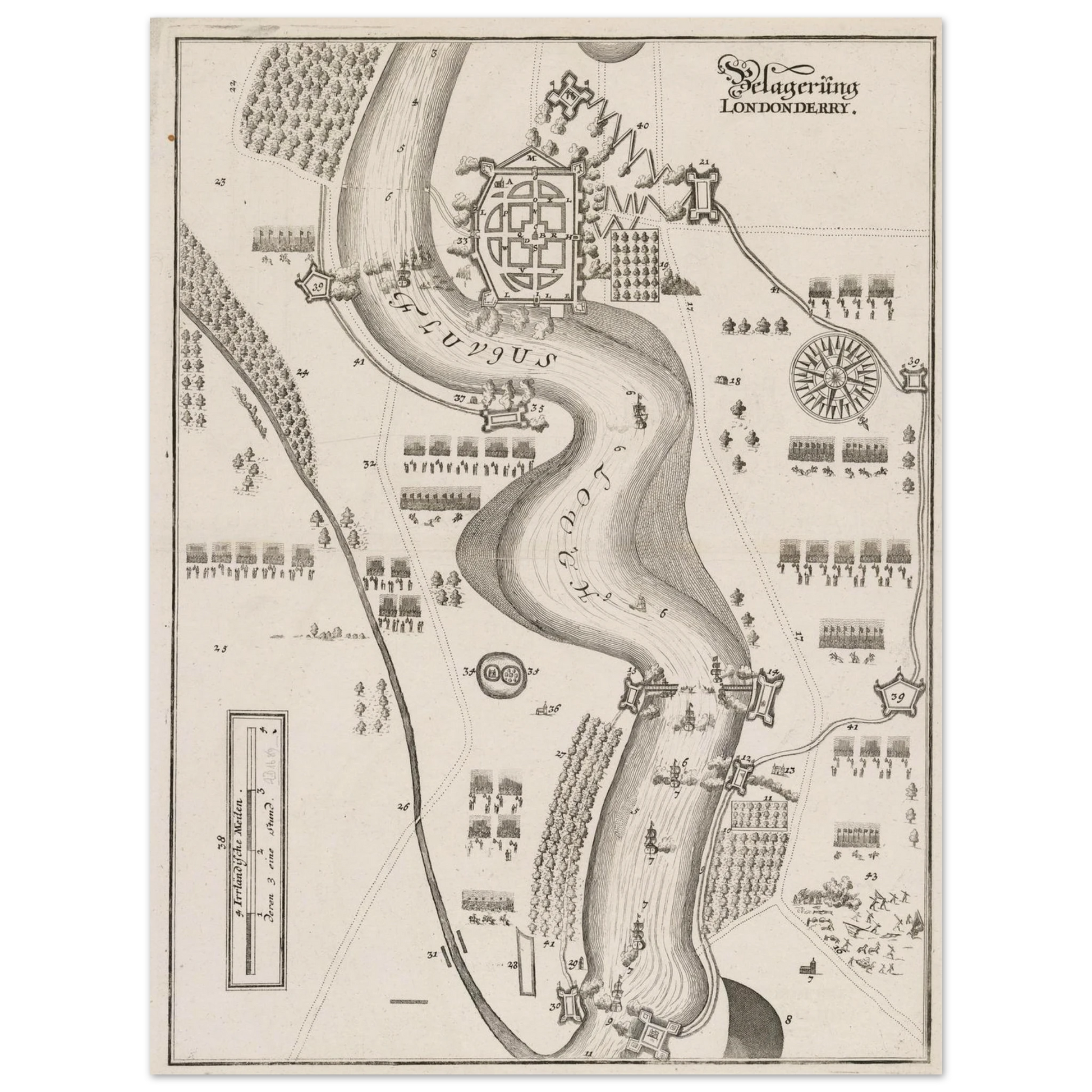 Antique 17th-century aerial engraving of the Siege of Derry in 1689, showing the walled city of Londonderry on the River Foyle