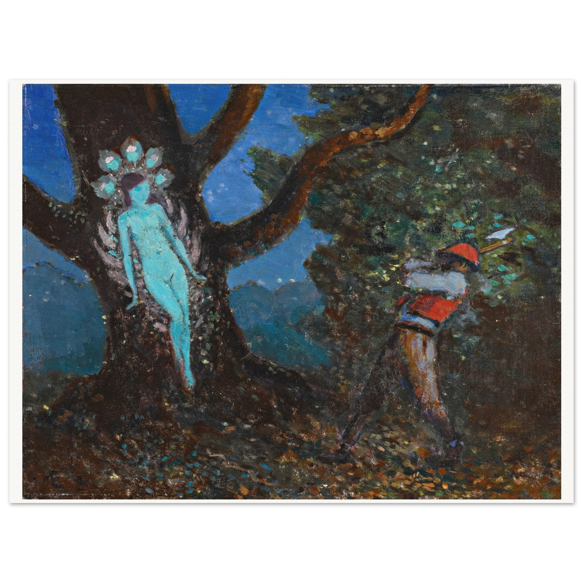 The Woodchopper and The Tree Spirit by George Russell (Æ) unframed with white border, woodcutter in red by a tree