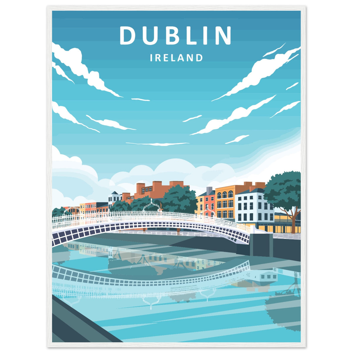 Dublin retro travel poster, footbridge and colourful quays, in a white frame, alternate size