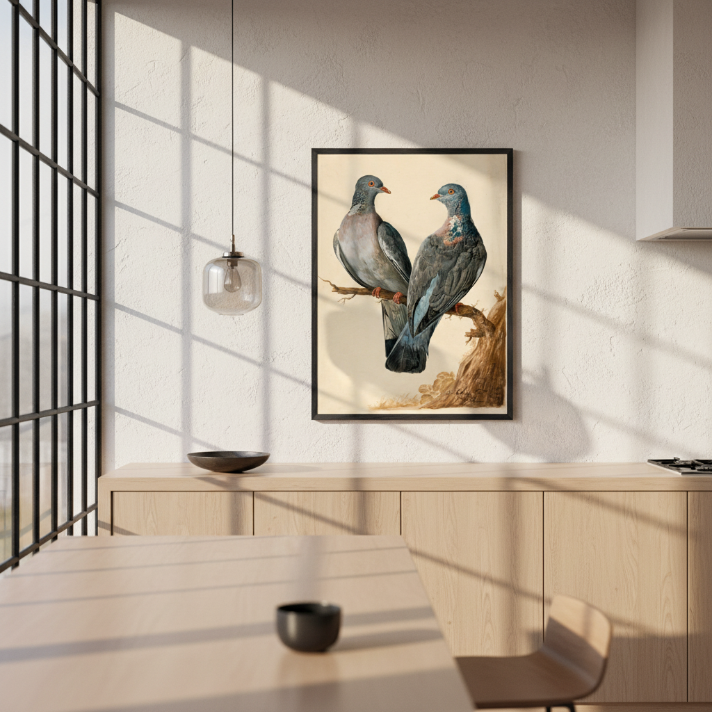 Wood pigeons framed print in a black frame on a kitchen wall beside a tall window and pendant light