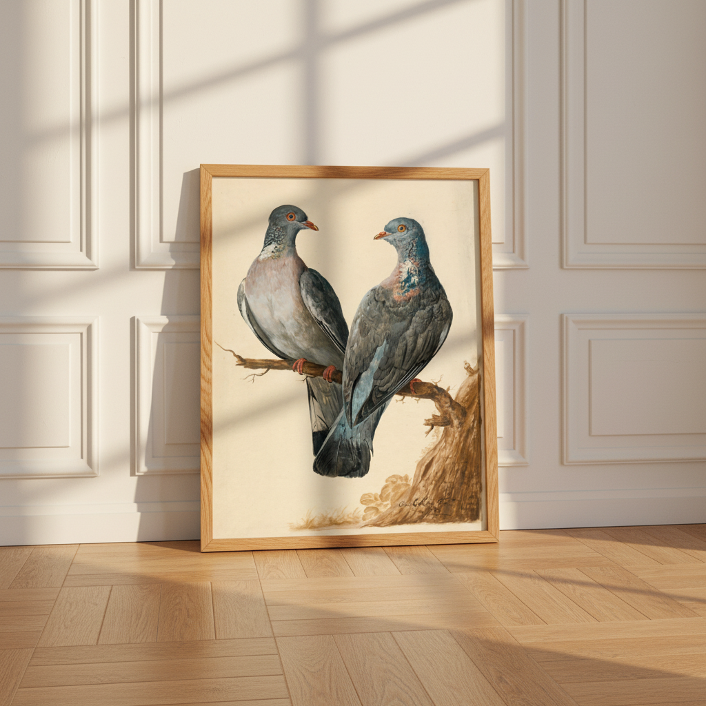 Two Wood Pigeons print in an oak frame leaning against a panelled wall on a herringbone floor