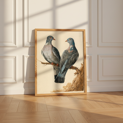 Two Wood Pigeons print in an oak frame leaning against a panelled wall on a herringbone floor