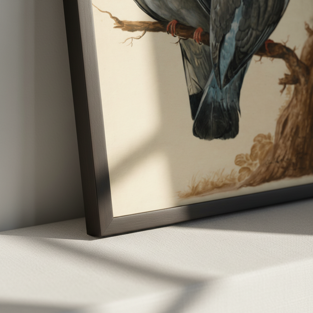 Close-up of the black frame corner on the Two Wood Pigeons print showing the birds' tail feathers