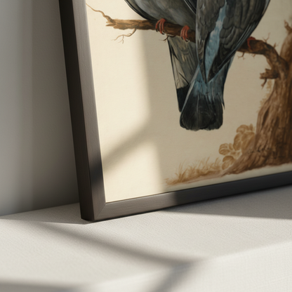 Close-up of the black frame corner on the Two Wood Pigeons print showing the birds' tail feathers