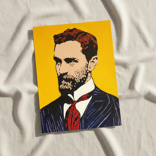 Roger Casement portrait unframed print on textured paper lying on creased white linen