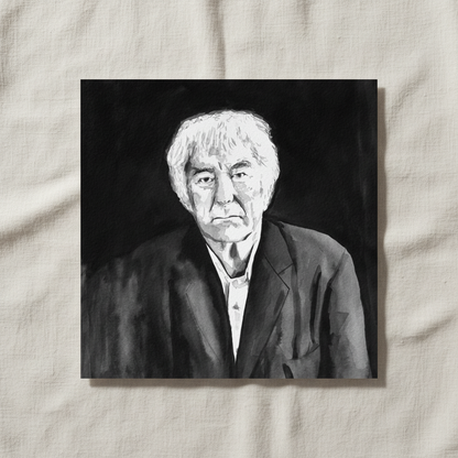 Seamus Heaney black and white portrait, unframed print on a linen surface