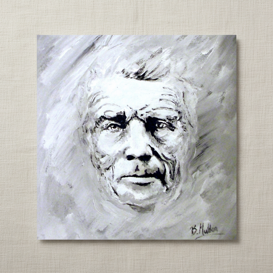Samuel Beckett portrait painting in grey and white, unframed print on a linen background