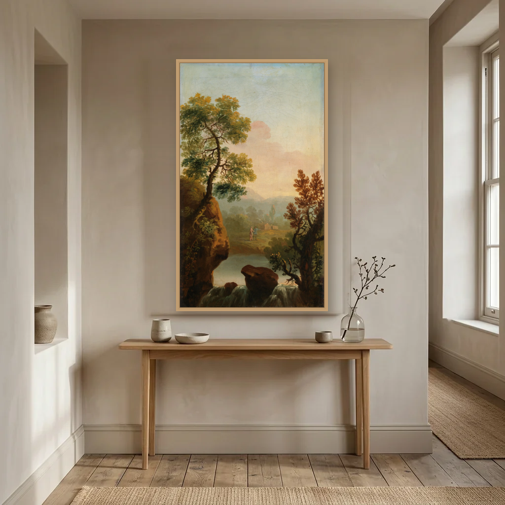 Landscape with Figures in the Background art print, framed and hung in a hallway