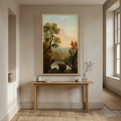 Landscape with Figures in the Background art print, framed and hung in a hallway