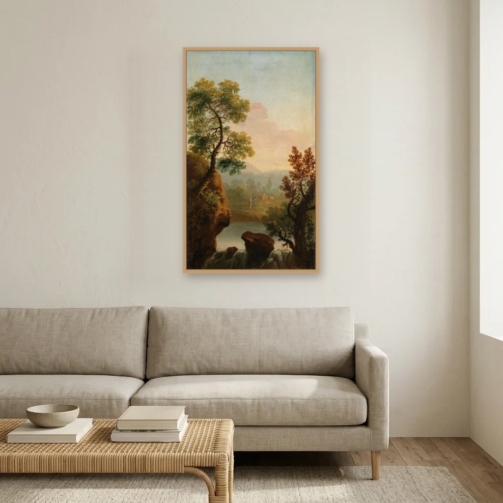 Landscape with Figures in the Background art print, framed and hung in a living room