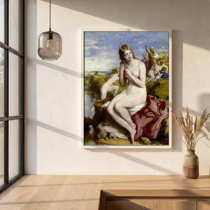 Bathers Surprised framed print in a white frame on a plaster wall above an oak worktop in a bright Scandinavian kitchen