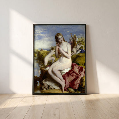 Bathers Surprised framed print in a black frame leaning against a white plaster wall on oak floorboards in morning light