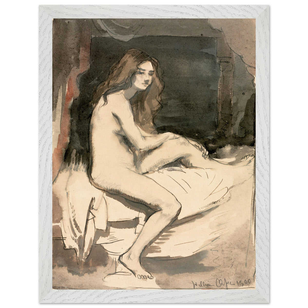 Seated female nude study by William Orpen, in a white frame, tall-format size