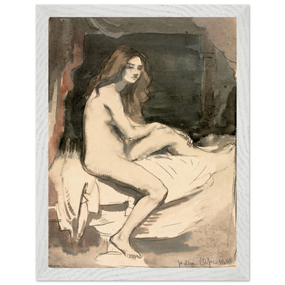 Seated female nude study by William Orpen, in a white frame, tall-format size