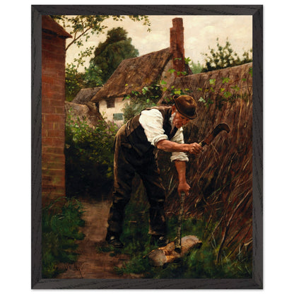 Preparing for Winter by Aloysius O'Kelly in a black frame, man with a sickle by a thatched cottage