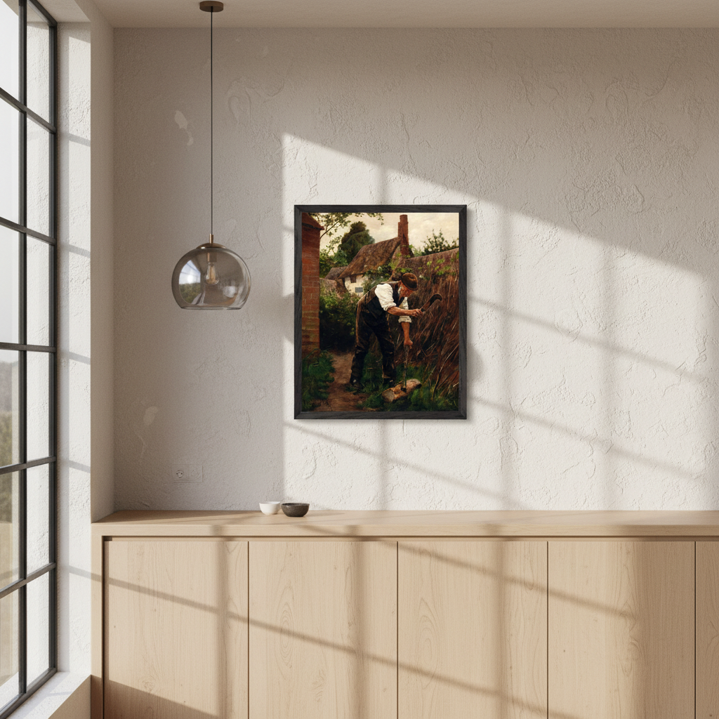 Preparing for Winter by Aloysius O'Kelly in a black frame above a pale wooden cabinet under a pendant lamp