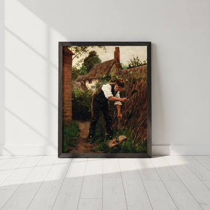 Preparing for Winter by Aloysius O'Kelly in a black frame leaning against a sunlit white wall