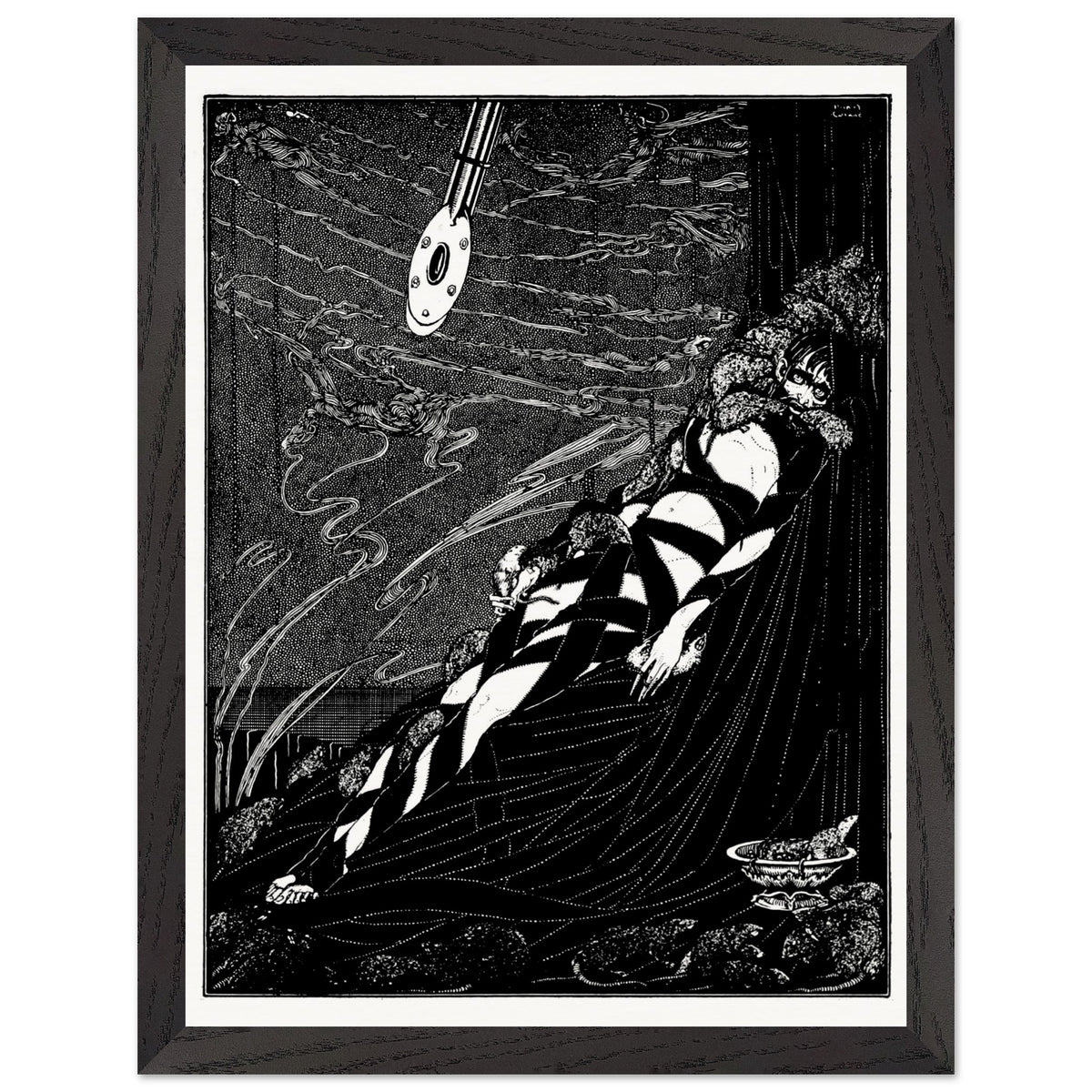 Black-framed Harry Clarke Swarmed Upon Me print with a pendulum above a bound figure