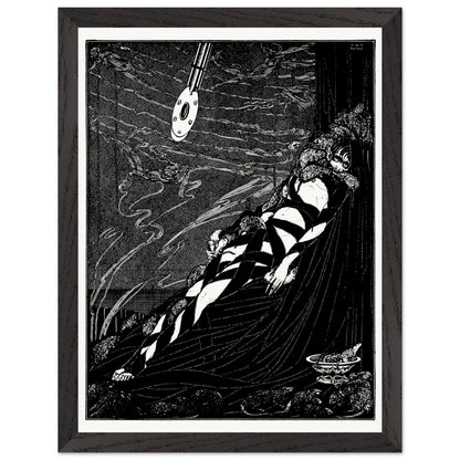Black-framed Harry Clarke Swarmed Upon Me print with a pendulum above a bound figure