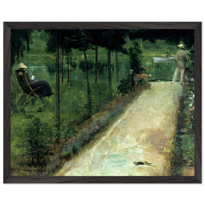 Black-framed Sir John Lavery Grez painting of a riverside garden path, front view