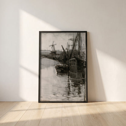 Boats in Rye Harbour, Sussex framed print in a black frame leaning against a white plaster wall on oak floorboards in morning light