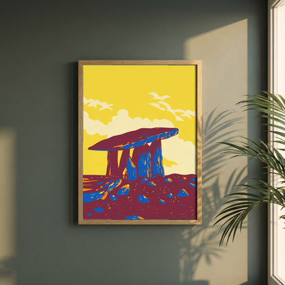The Burren Poulnabrone Dolmen framed print in a natural oak frame on a dark green wall beside a window, dappled plant shadow