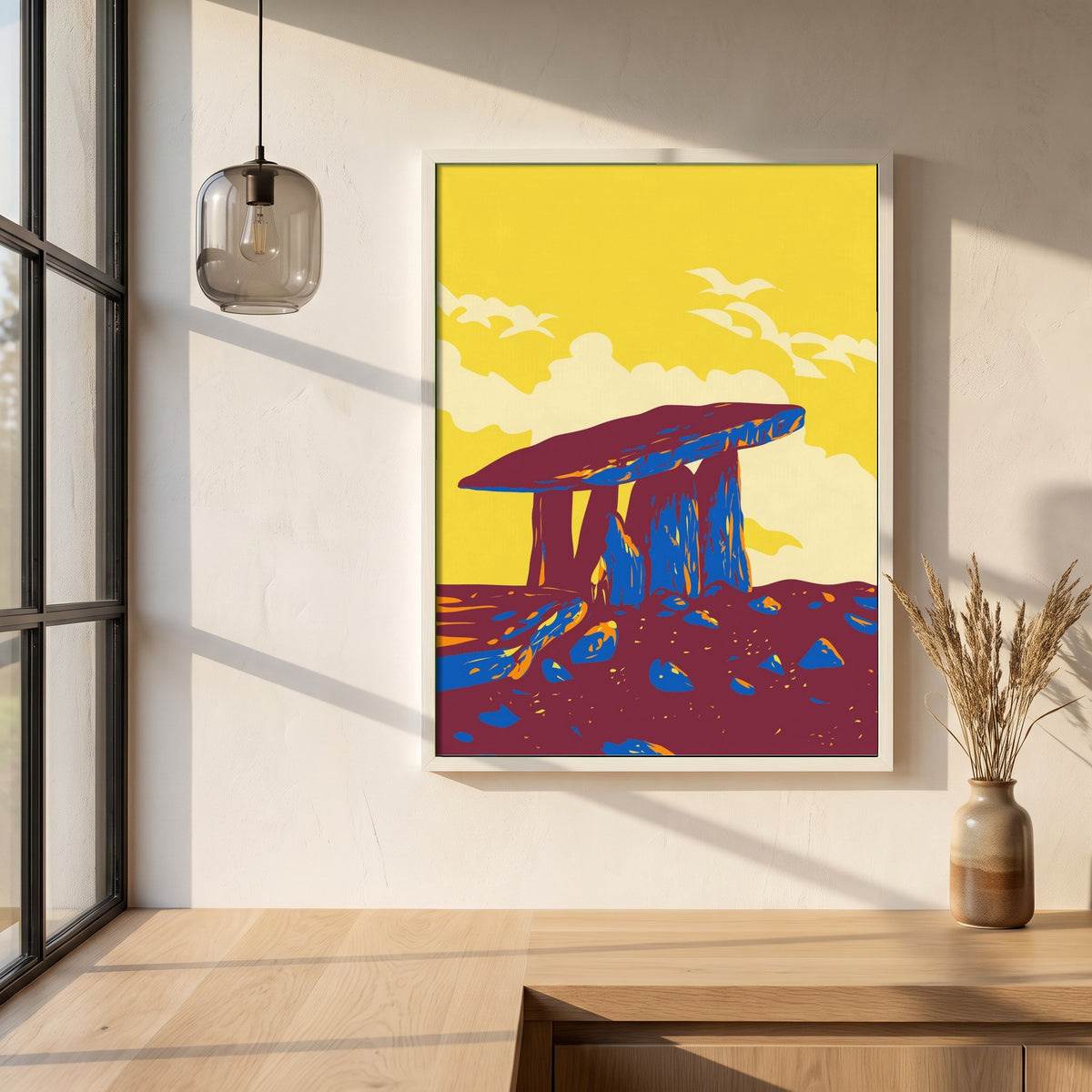 The Burren Poulnabrone Dolmen framed print in a white frame on a plaster wall above an oak worktop in a bright Scandinavian kitchen