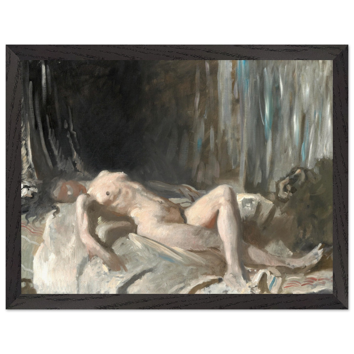 Black-framed William Orpen reclining nude painting, full front view