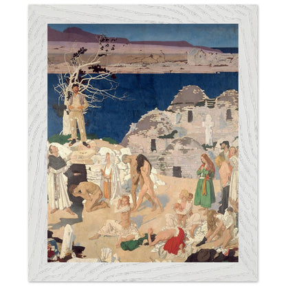 The Holy Well by William Orpen in a white frame, figure by a bare tree above bathing pilgrims