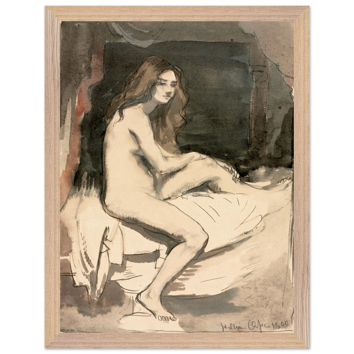 Seated female nude study by William Orpen, in a light oak frame, alternate size