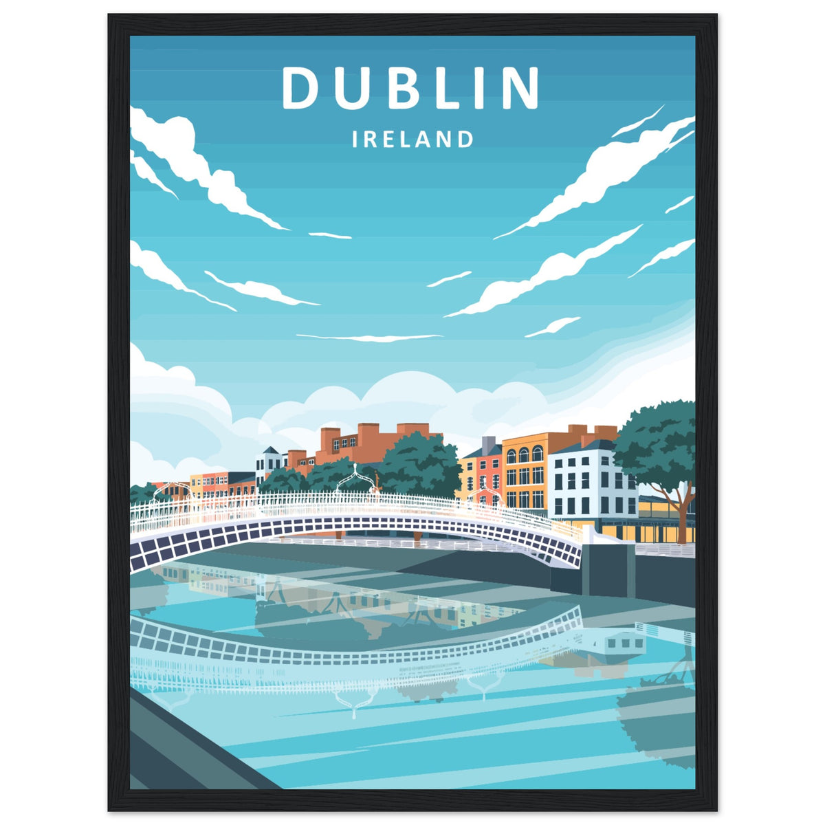 Dublin retro travel poster, footbridge and colourful quays, in a black frame, larger size option