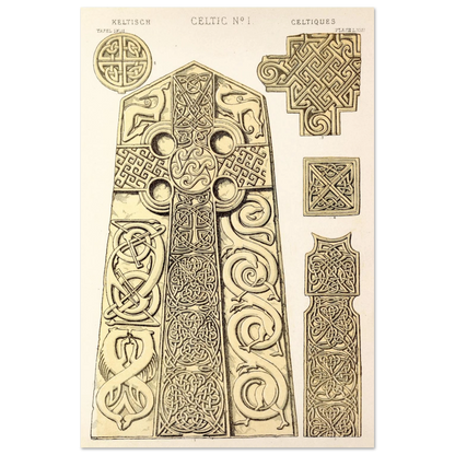 Celtic No.1 ornament print by Owen Jones, Celtic cross and knotwork details in cream and gold tones