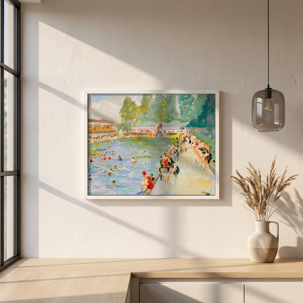 Chiswick Baths framed print in a white frame on a plaster wall above an oak worktop in a bright Scandinavian kitchen