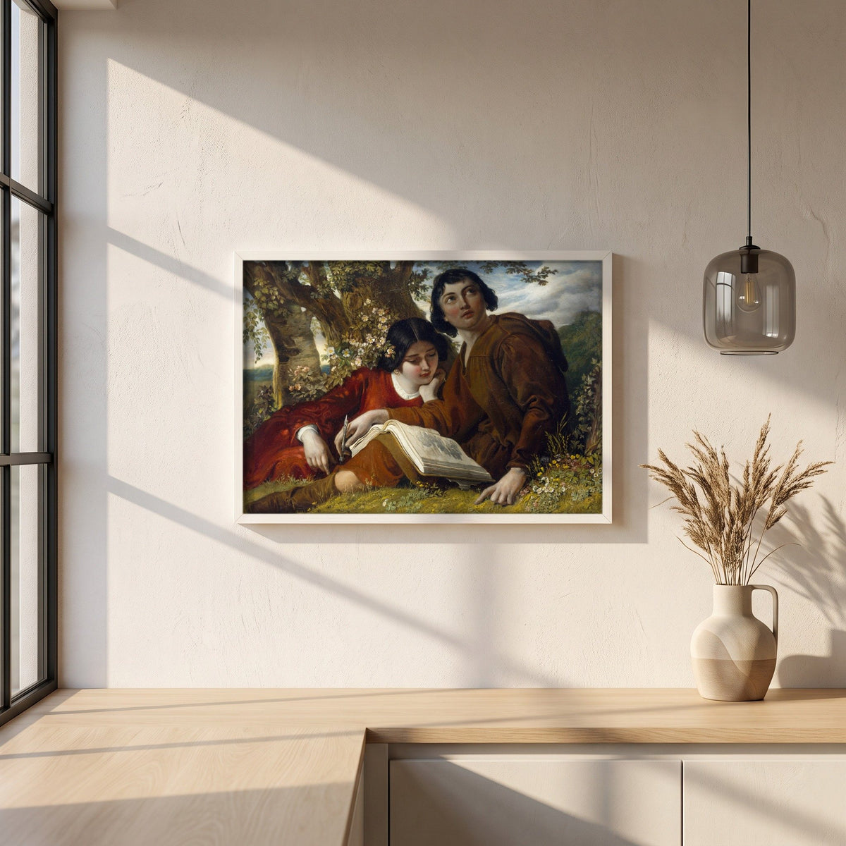 Claude Lorrain Sketching framed print in a white frame on a plaster wall above an oak worktop in a bright Scandinavian kitchen