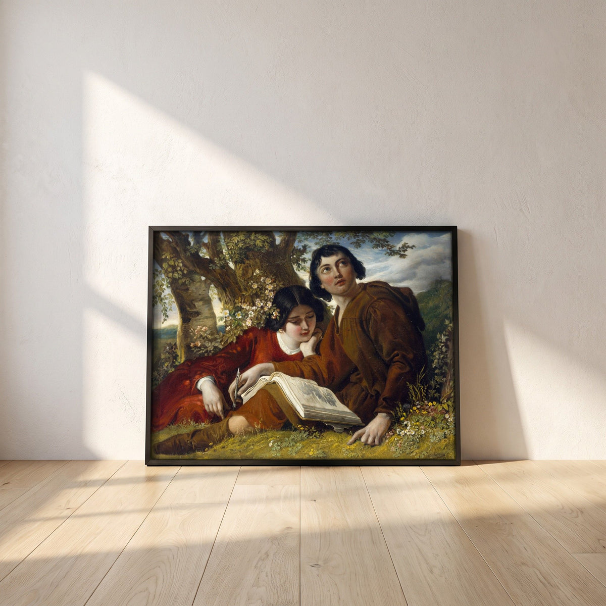 Claude Lorrain Sketching framed print in a black frame leaning against a white plaster wall on oak floorboards in morning light