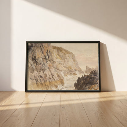 Cliffs at Howth, Dublin framed print in a black frame leaning against a white plaster wall on oak floorboards in morning light