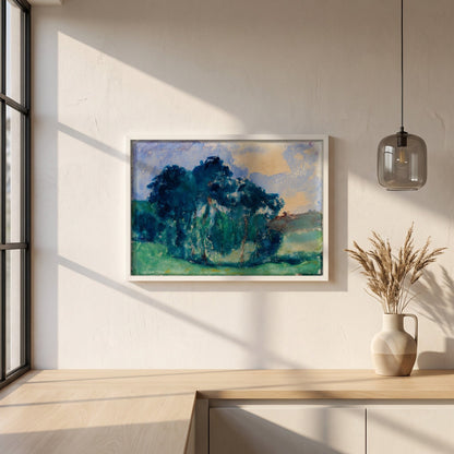Clump of Trees, Rochefort-en-Terre framed print in a white frame on a plaster wall above an oak worktop in a bright Scandinavian kitchen