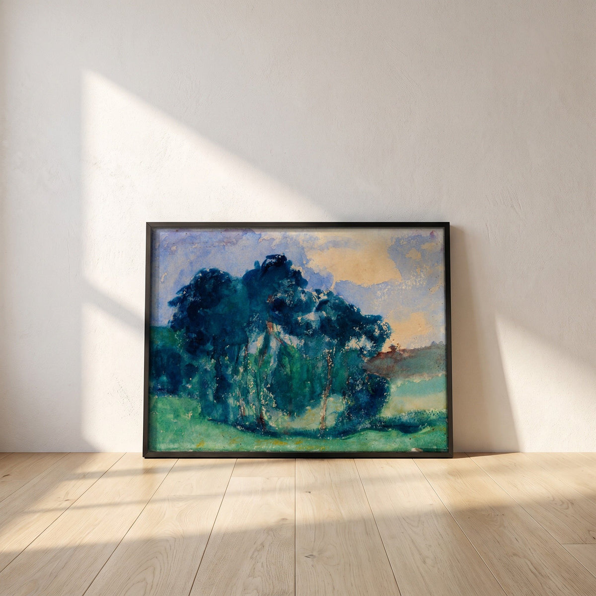 Clump of Trees, Rochefort-en-Terre framed print in a black frame leaning against a white plaster wall on oak floorboards in morning light