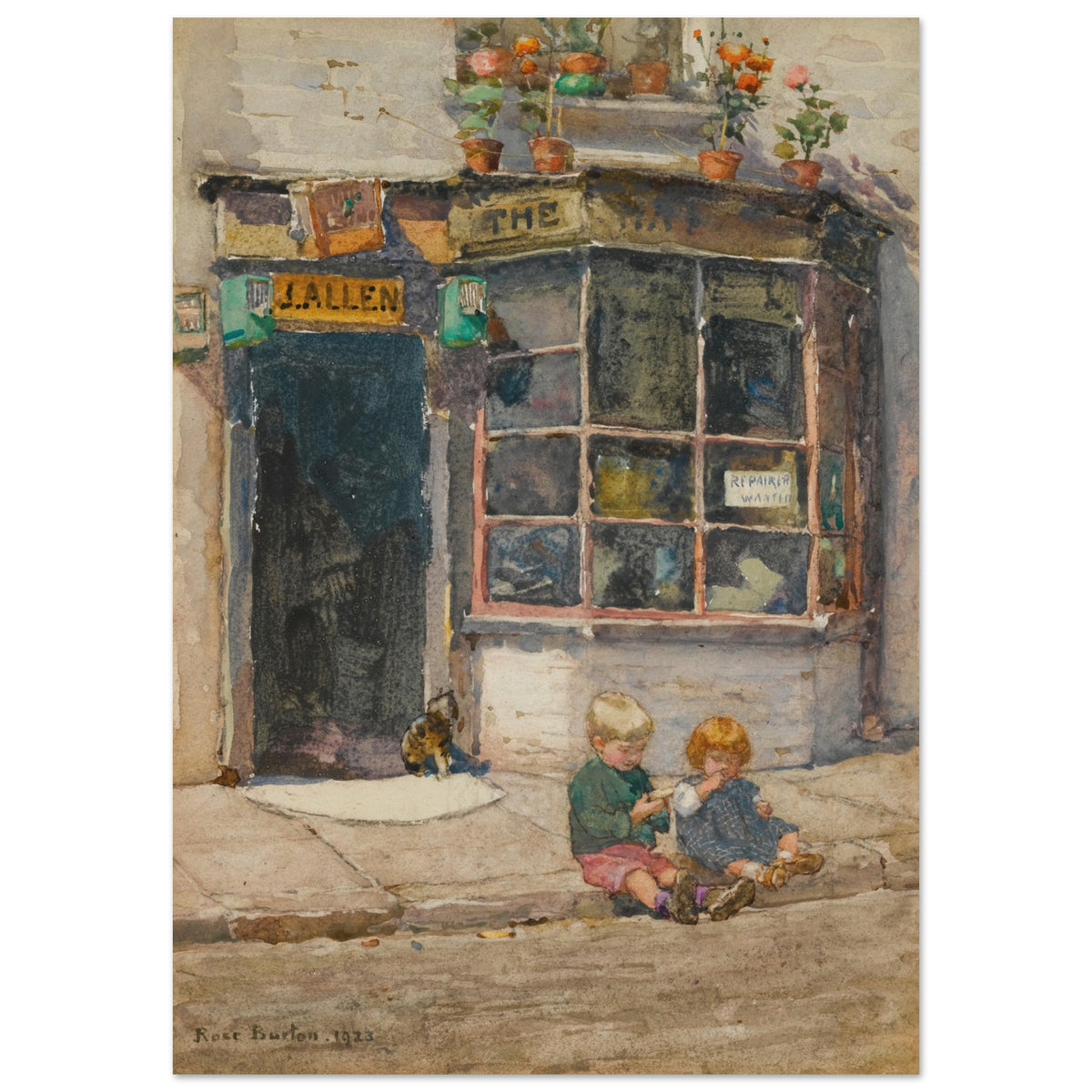 Cobbler's Shop, Knightsbridge by Rose Barton, London street scene with children on the pavement