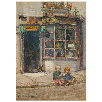 Cobbler's Shop, Knightsbridge by Rose Barton, London street scene with children on the pavement