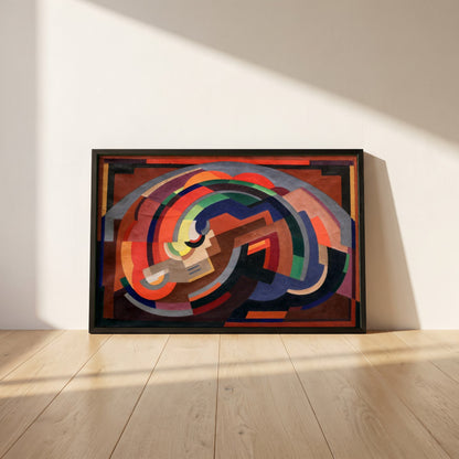 A Composition framed print in a black frame leaning against a white plaster wall on oak floorboards in morning light