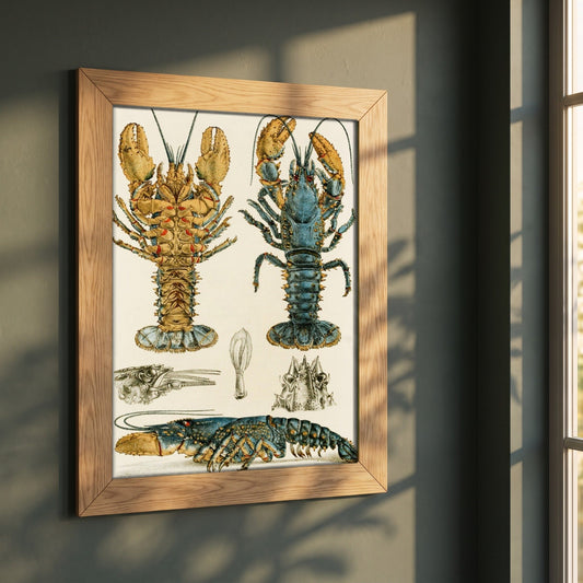 Crustacea II by Frederick McCoy framed print in a natural oak frame on a dark green wall beside a window, dappled plant shadow