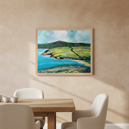 Cushendun Landscape by Ó Maoláin framed Irish landscape print on a warm dining room wall