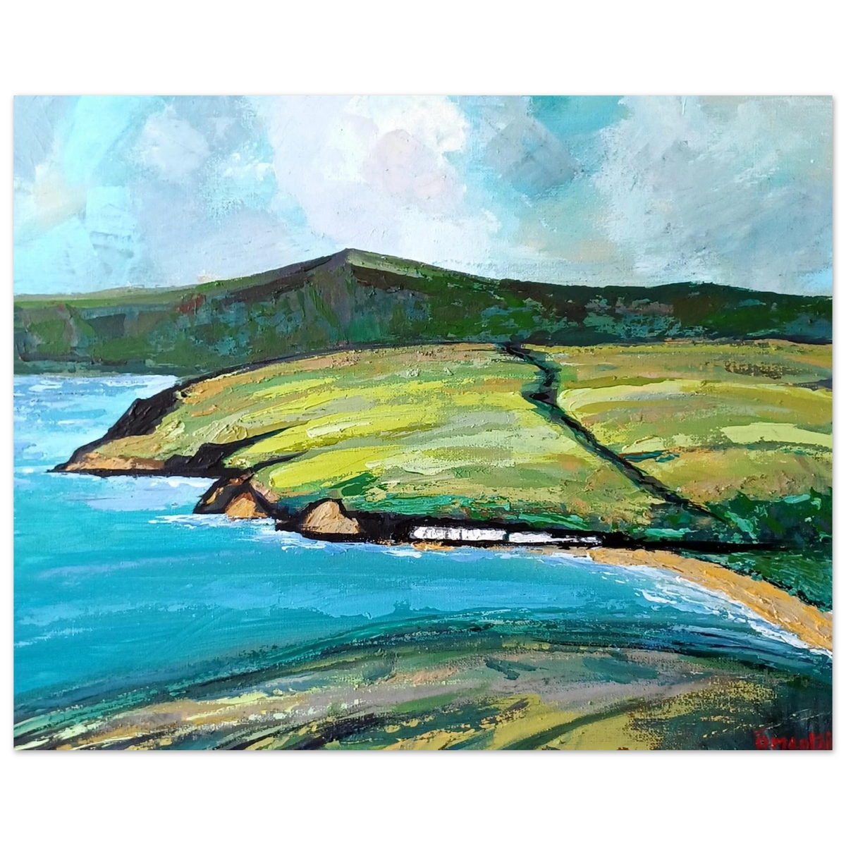 Cushendun, County Antrim coastal landscape painting of green fields and turquoise bay