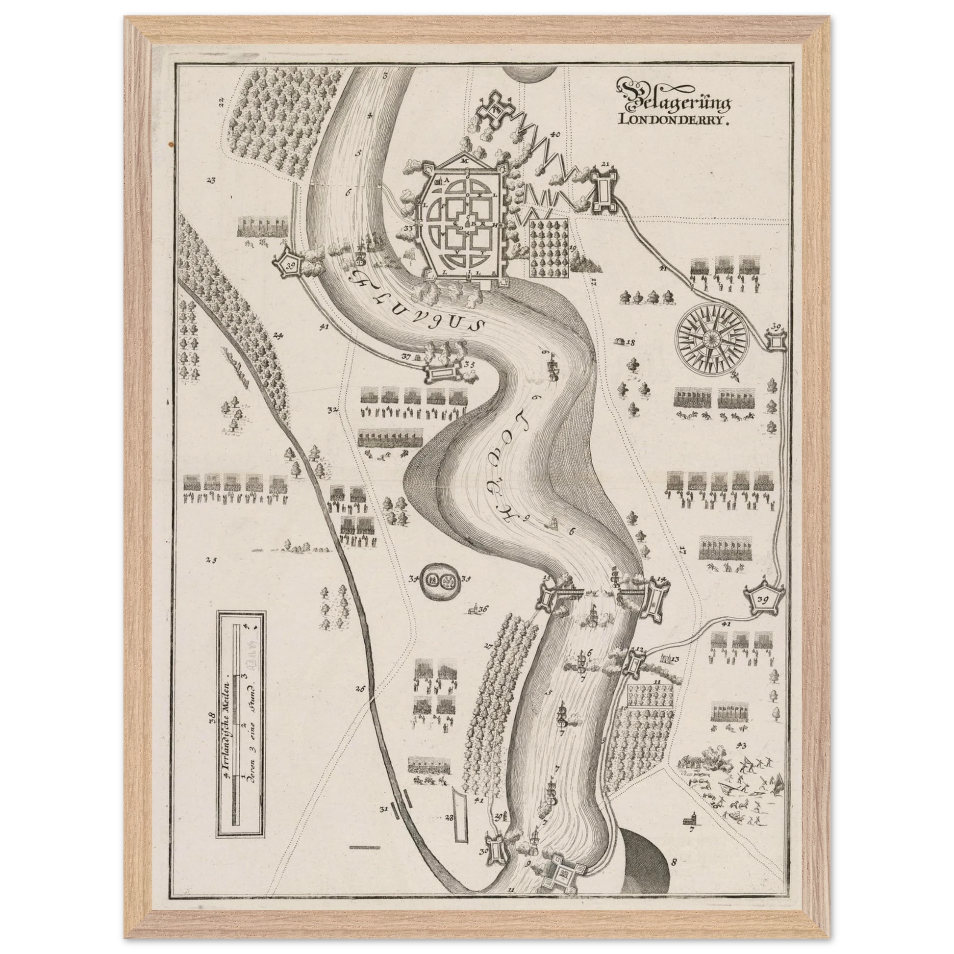The Siege of Derry 1689 engraving shown in a natural wood frame