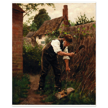 Preparing for Winter by Aloysius O'Kelly unframed with white border, man with a sickle by a thatched cottage