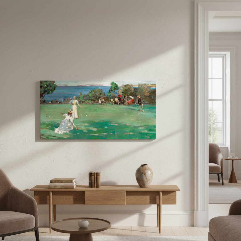 The Croquet Party by Sir John Lavery canvas print above a wooden console in a bright room